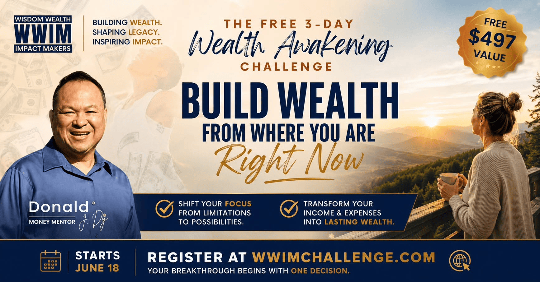Image of Donald J Dy, money mentor, wealth strategist and founder of P727 Who Believes Wealth Alliance graphic, showing dollar bills background and headshots of happy P727 clients