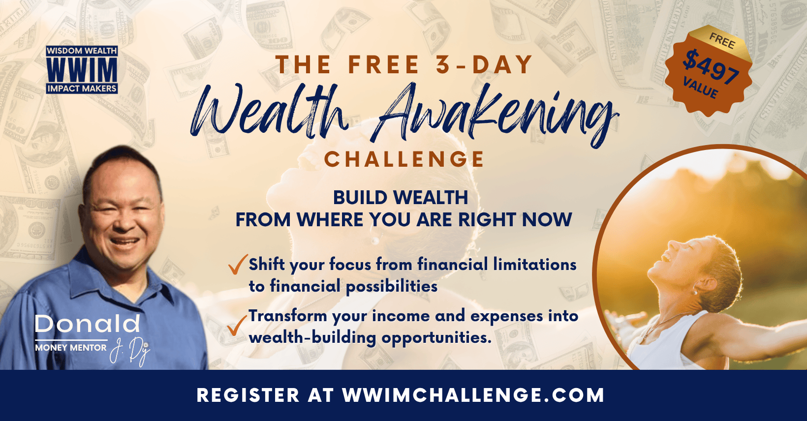 Image of Donald J Dy, money mentor, wealth strategist and founder of P727 Who Believes Wealth Alliance graphic, showing dollar bills background and headshots of happy P727 clients